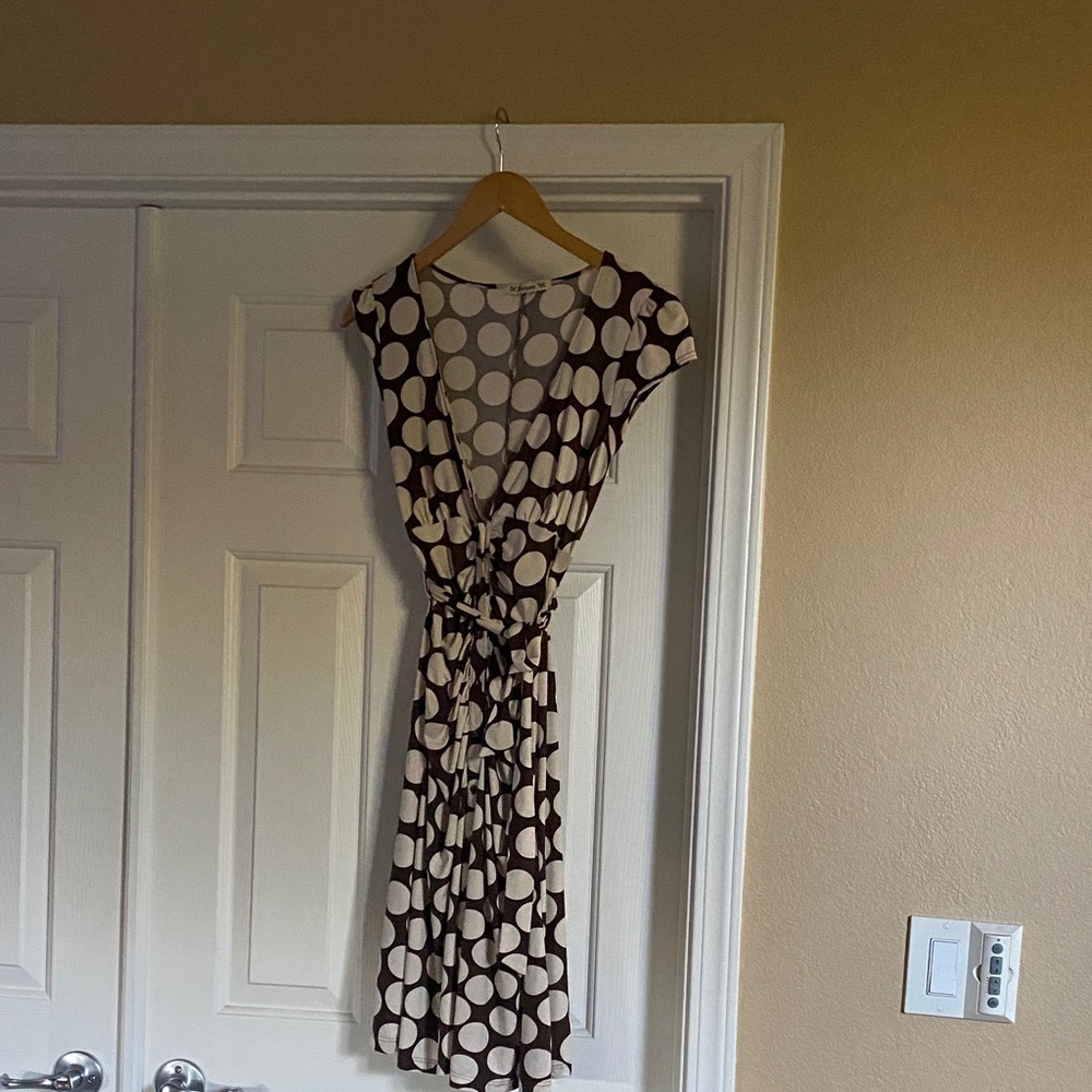 Forever Collectibles Brown and White Polka Dot Midi Dress
